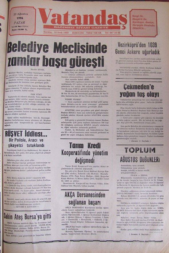 “VATANDAŞ” Gözünden 20 yıl önce Vezirköprü – 25 Ağustos 1996  Pazar