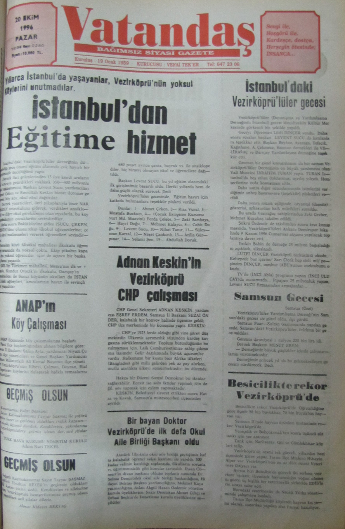 20 Yıl Önce – 20 EKİM 1996