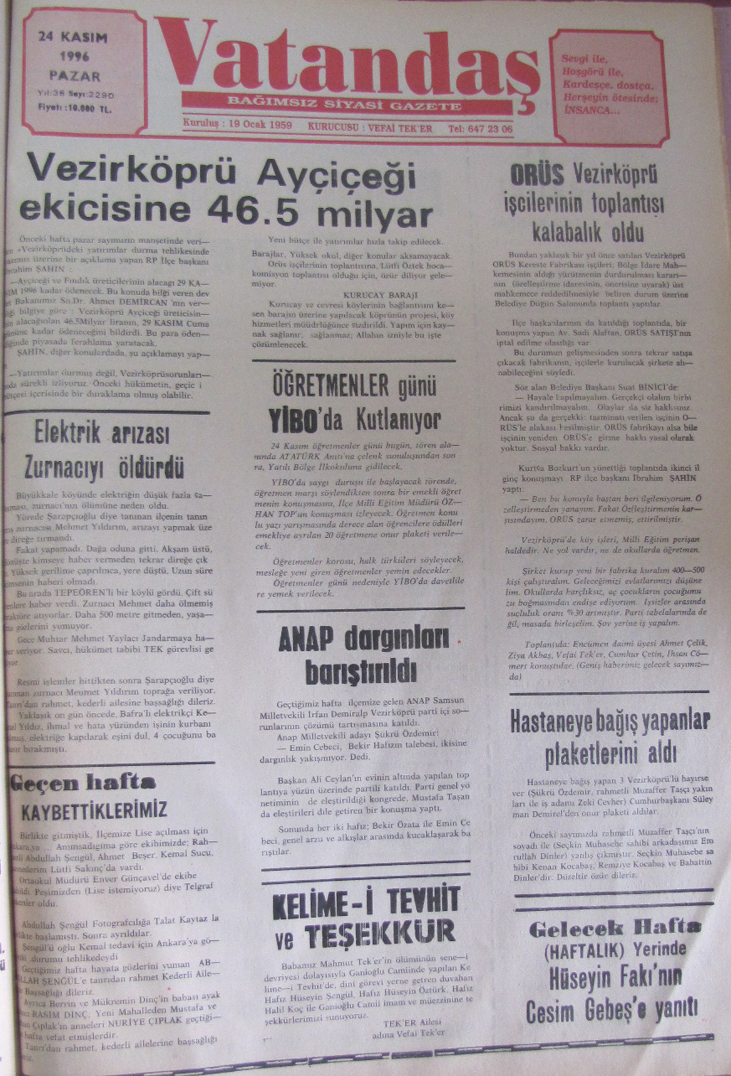 24 Kasım 1996 – 20 YIl Önce