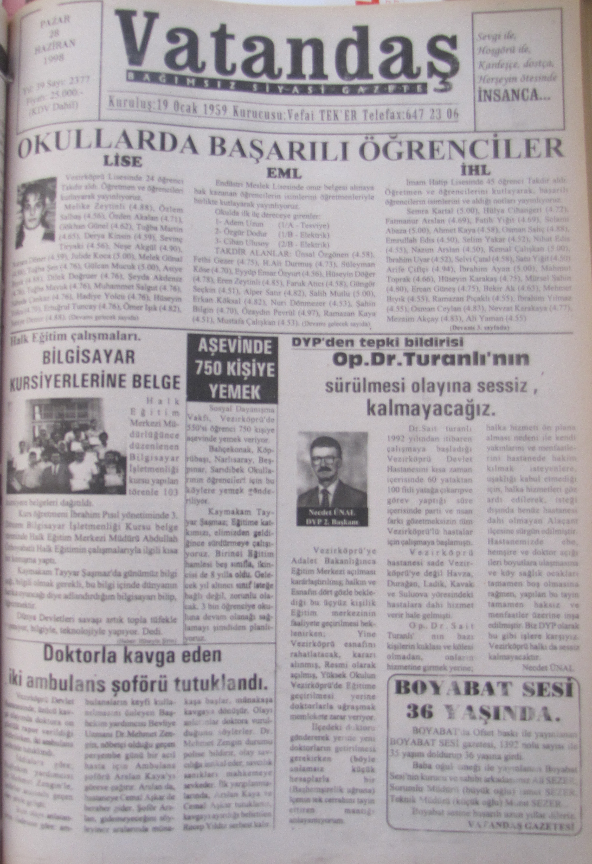 28 Haziran 1998  Pazar Okullarda Başarılı Öğrenciler