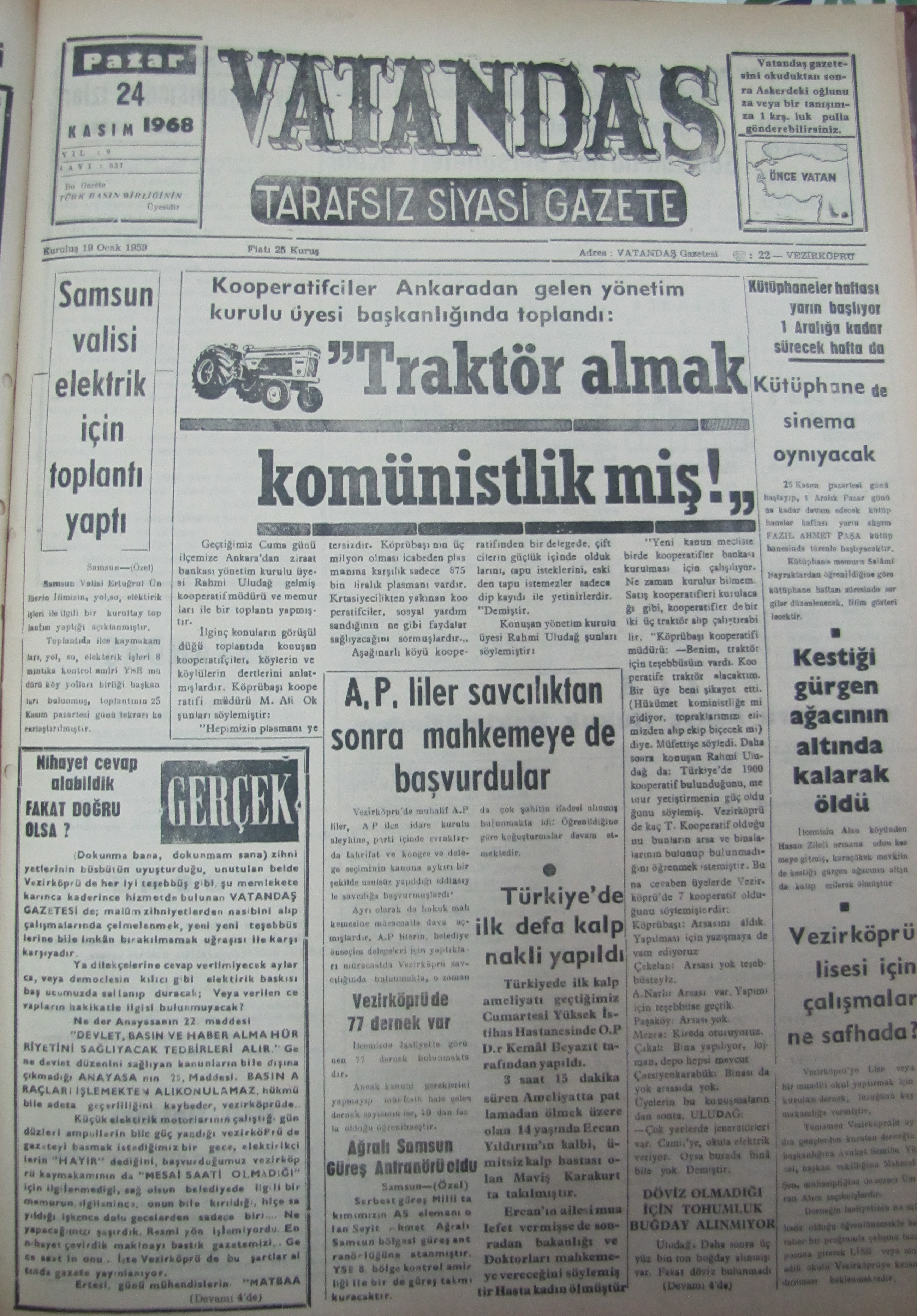 Samsun Valisi Elektrik İçin Toplantı Yaptı 24 Kasım 1968 Pazar