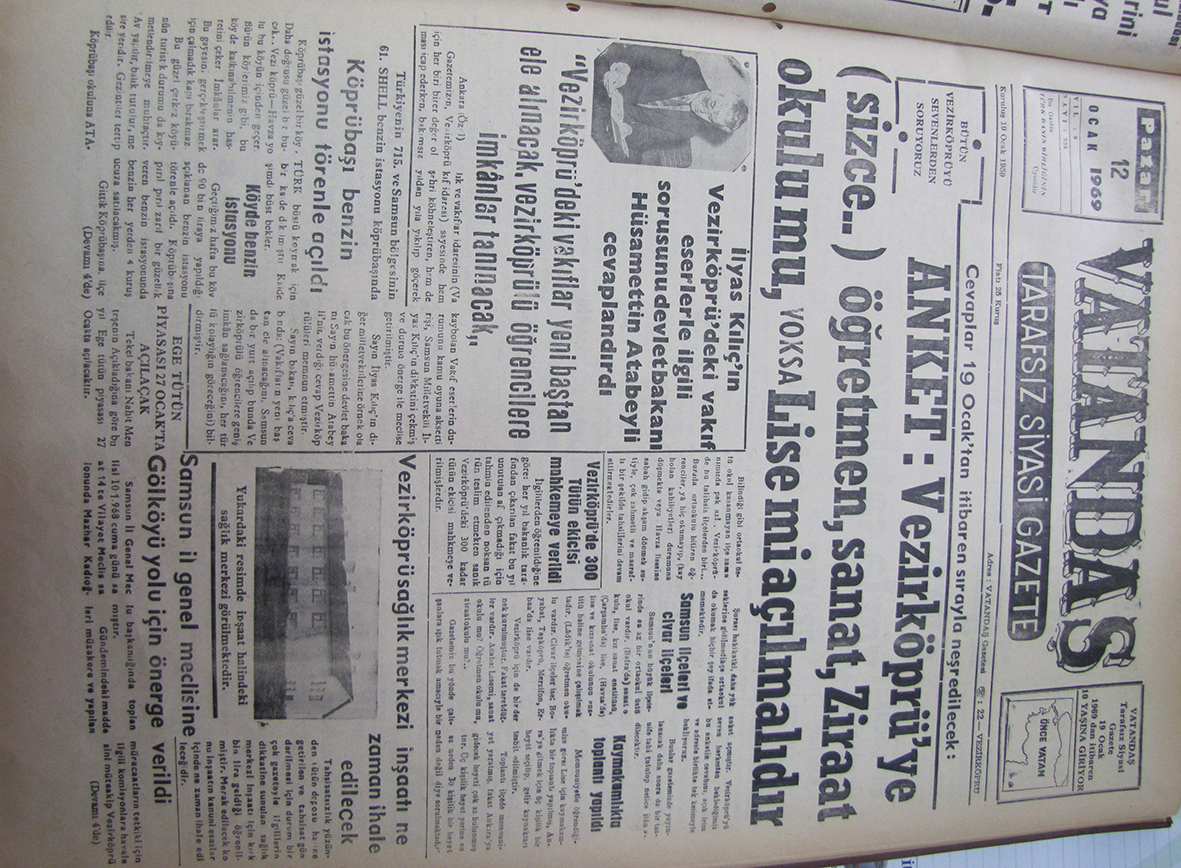 Bütün Vezirköprü’yü Sevenlerden Soruyoruz. Cevaplar 19 Ocak’tan itibaren sırayla neşredilecek: Anket: Vezirköprü’ye (Sizce…) öğretmen, sanat, Ziraat okulu mu, Yoksa Lise mi açılmalıdır 12 Ocak 1969 Pazar