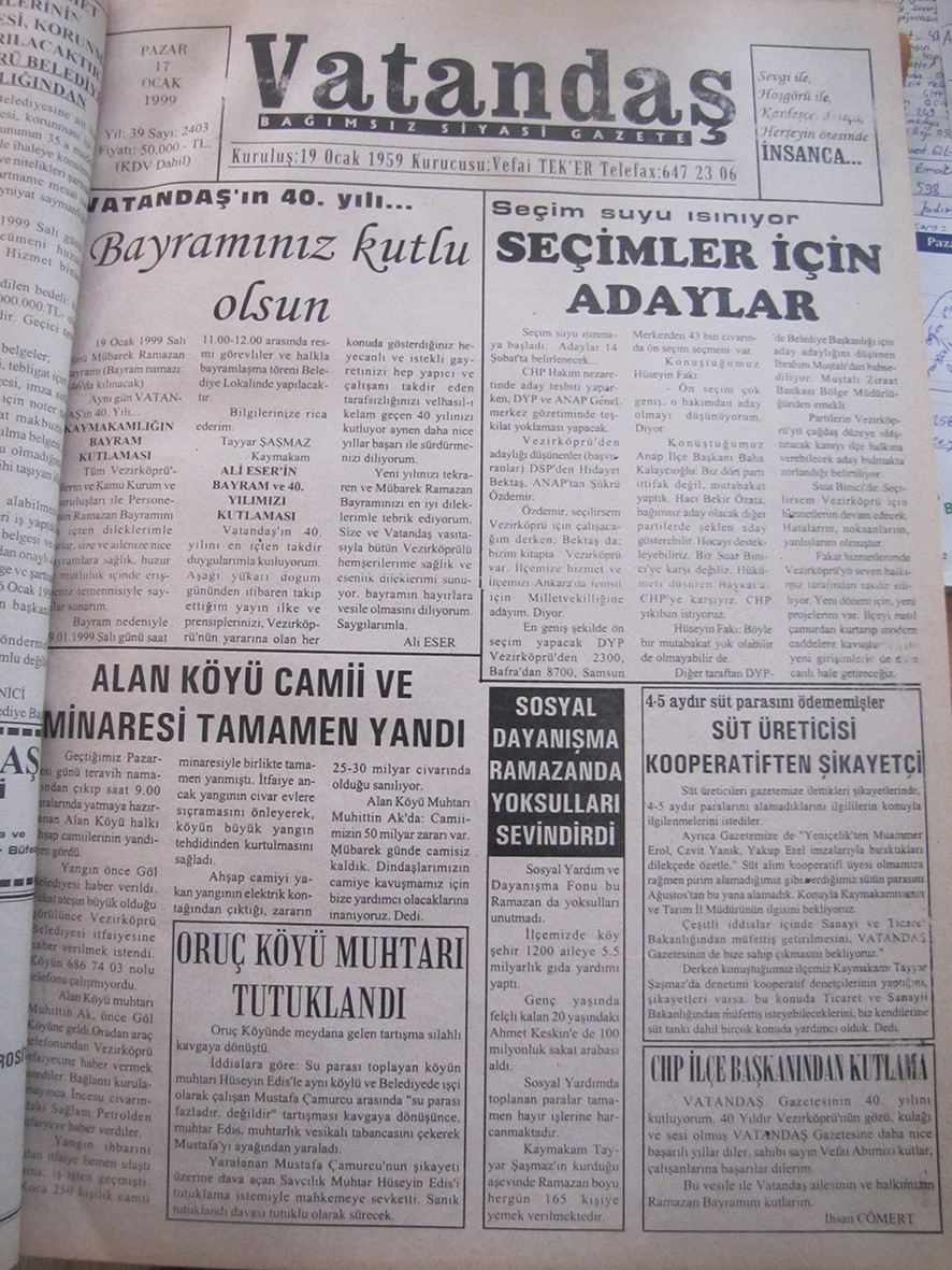 VATANDAŞ’ın 40.yılı… Bayramınız Kutlu Olsun 17 Ocak 1999  Pazar