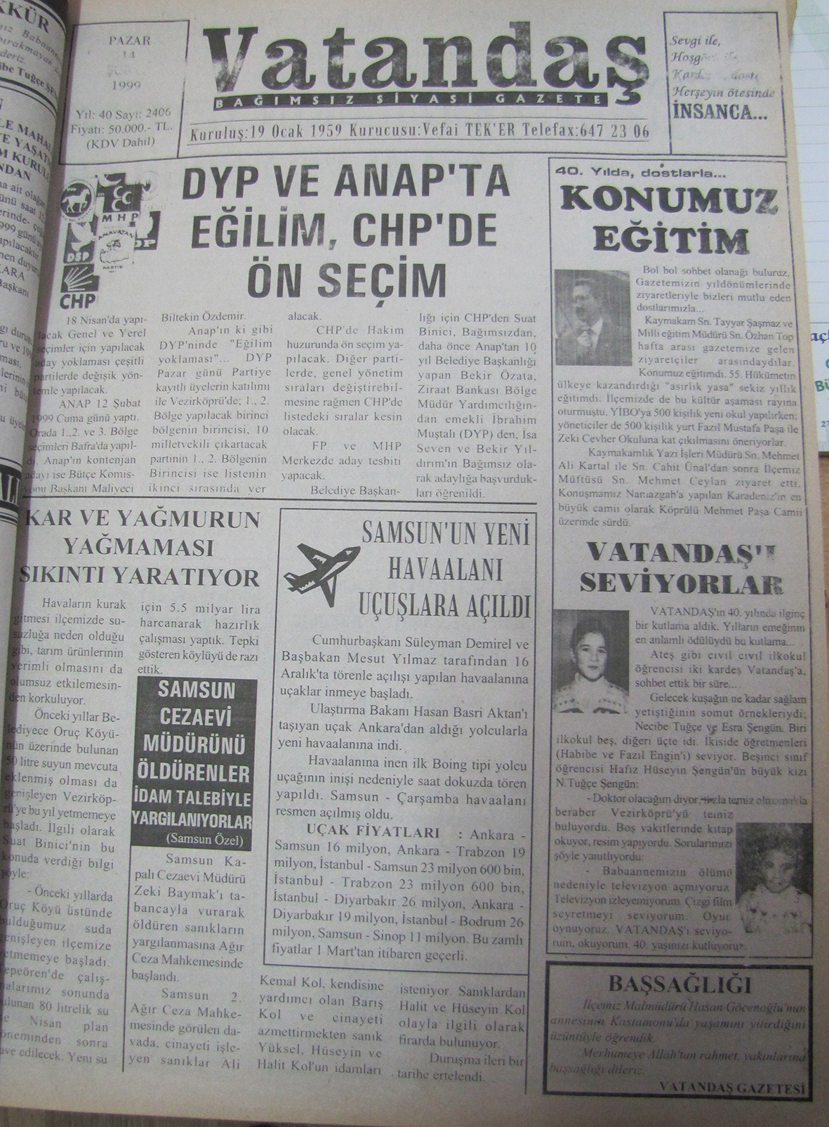 DYP ve ANAP’ta Eğilim, CHP’de Ön Seçim 14 Şubat 1999