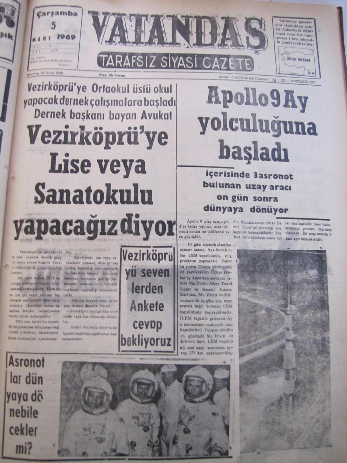 Vezirköprü’ye Ortaokul üstü okul yapacak dernek çalışmalara başladı. Dernek başkanı bayan avukat Vezirköprü’ye Lise veya Sanat Okulu Yapacağız Diyor 5 Mart 1969 Çarşamba