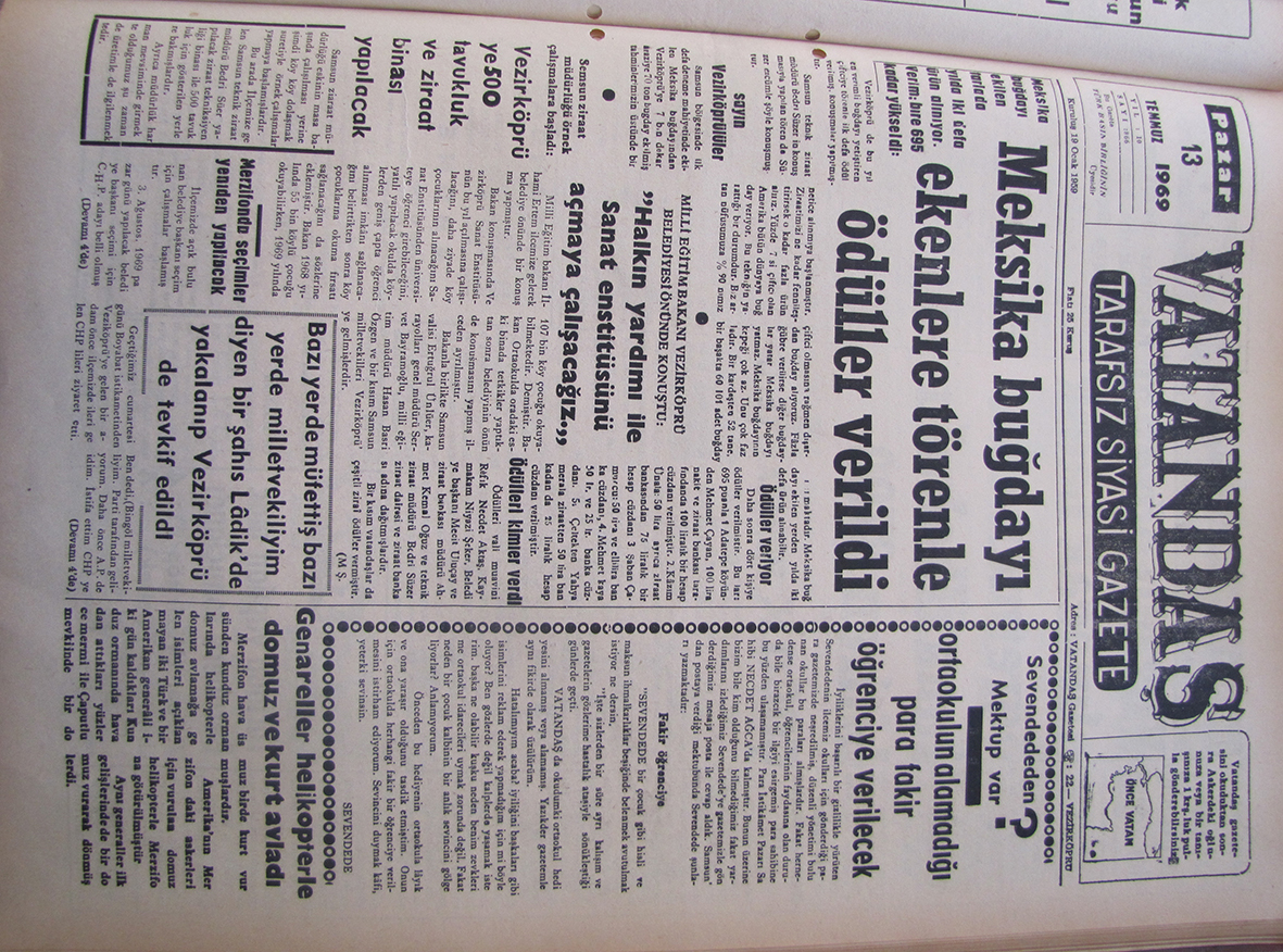 Meksika buğdayı ekilen tarlada yılda iki defa ürün alınıyor. Verim: Bire 695 kadar yükseldi: Meksika Buğdayı Ekenlere Törenle Ödüller Verildi 13 Temmuz 1969 Pazar