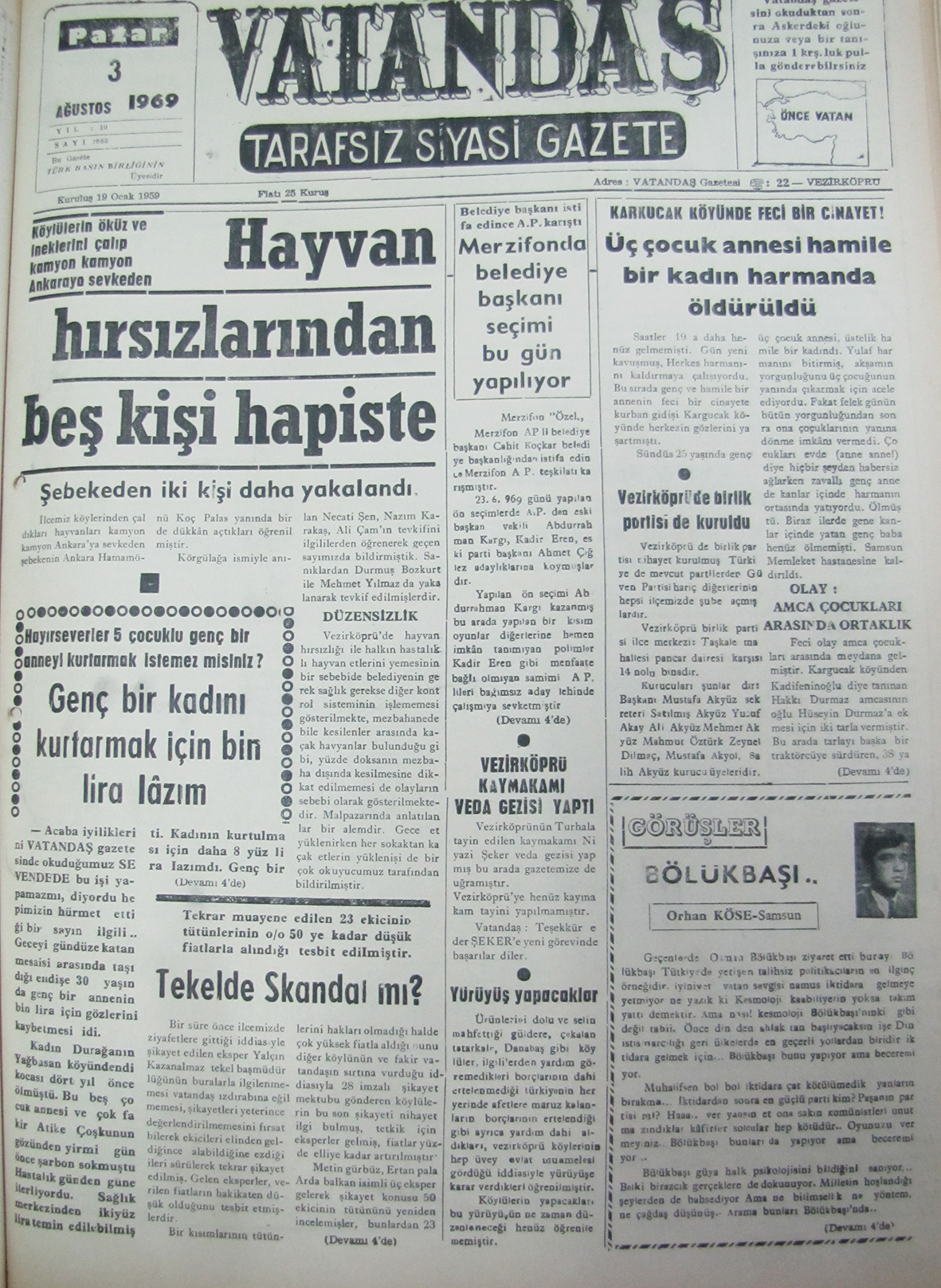 Köylülerin öküz ve ineklerini çalıp kamyon kamyon Ankara’ya sevk eden Hayvan Hırsızlarından Beş Kişi Hapiste 3 Ağustos 1969 Pazar