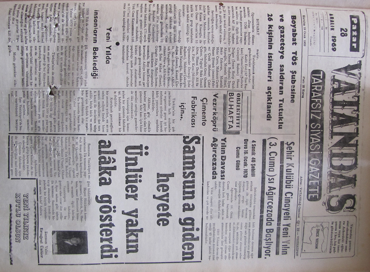 Boyabat TÖS Şubesine ve Gazeteye Saldıran Tutuklu 26 Kişinin İsimleri Açıklandı 28 Aralık 1969 Pazar