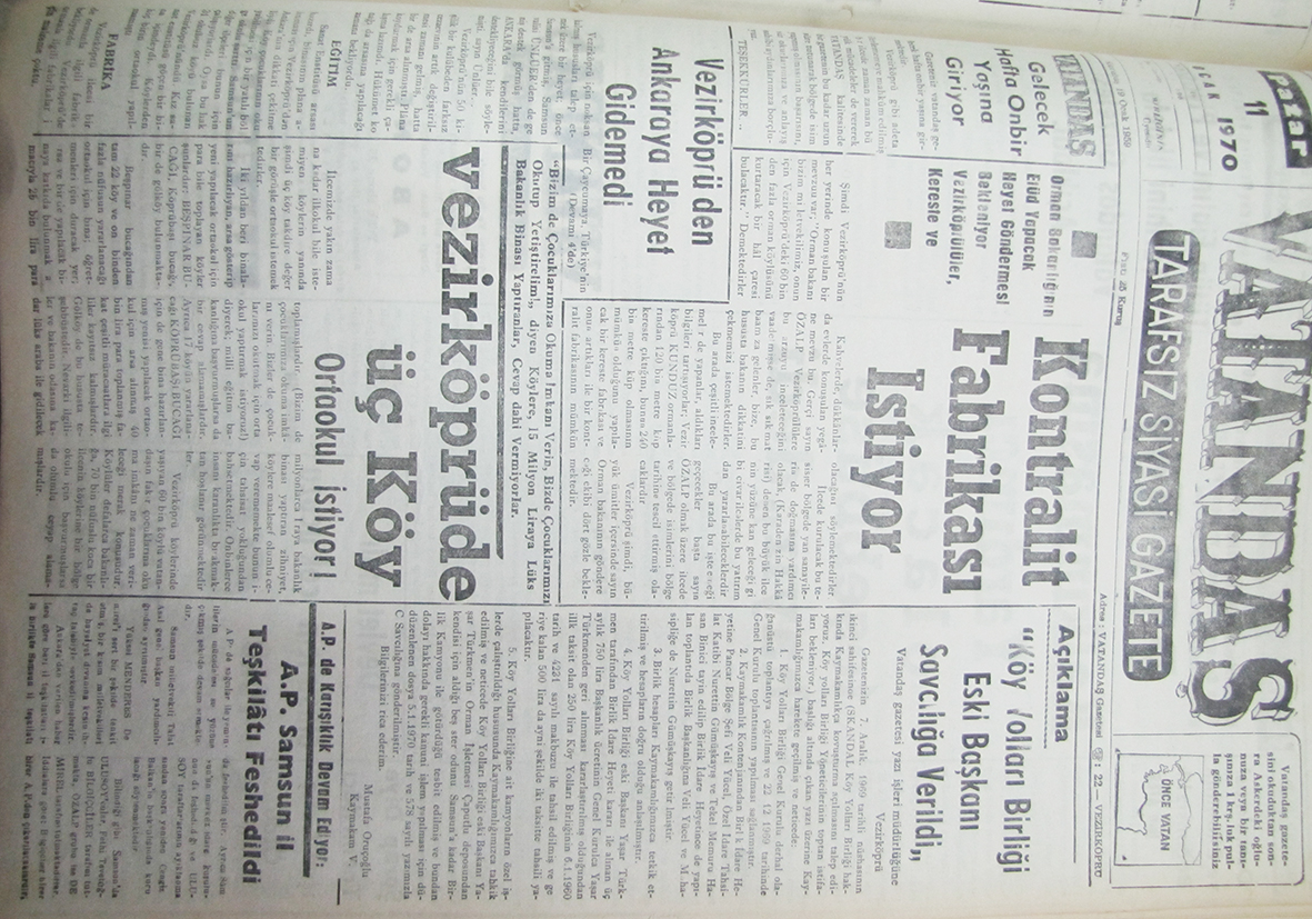 Orman Bakanlığı’nın Etüd yapacak heyet göndermesi bekleniyor, Vezirköprülüler, Kereste ve Kontralit Fabrikası İstiyor 11 Ocak 1970 Pazar