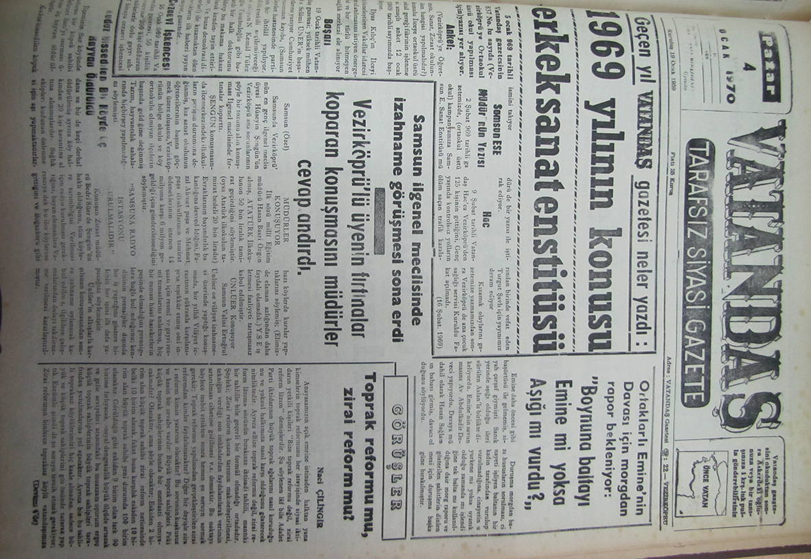 Geçen yıl VATANDAŞ gazetesi neler yazdı: 1969 Yılının Konusu Erkek Sanat Enstitüsü 4 Ocak 1970 Pazar