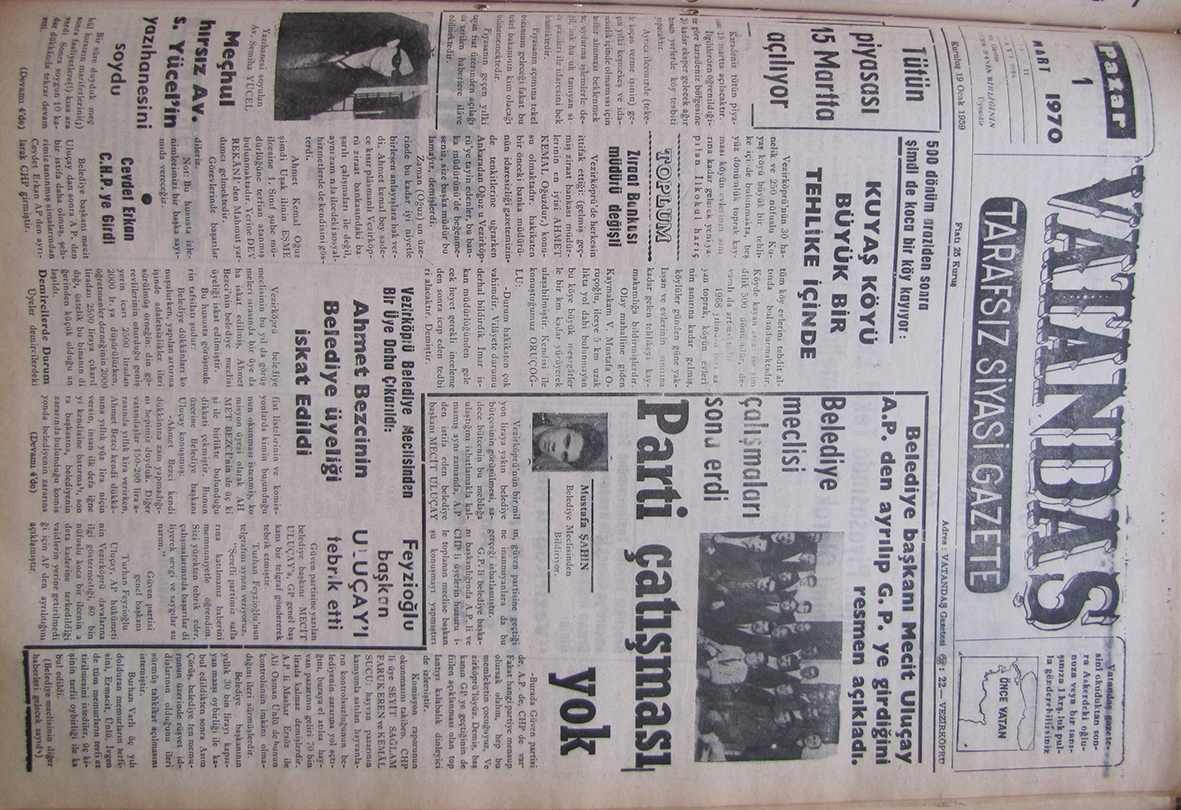 Belediye başkanı Mecit Uluçay A.P.’den ayrılıp G.P.’ye girdiğini resmen  açıkladı. Belediye meclisi çalışmaları sona erdi. Parti Çatışması Yok 1 Mart 1970 Pazar