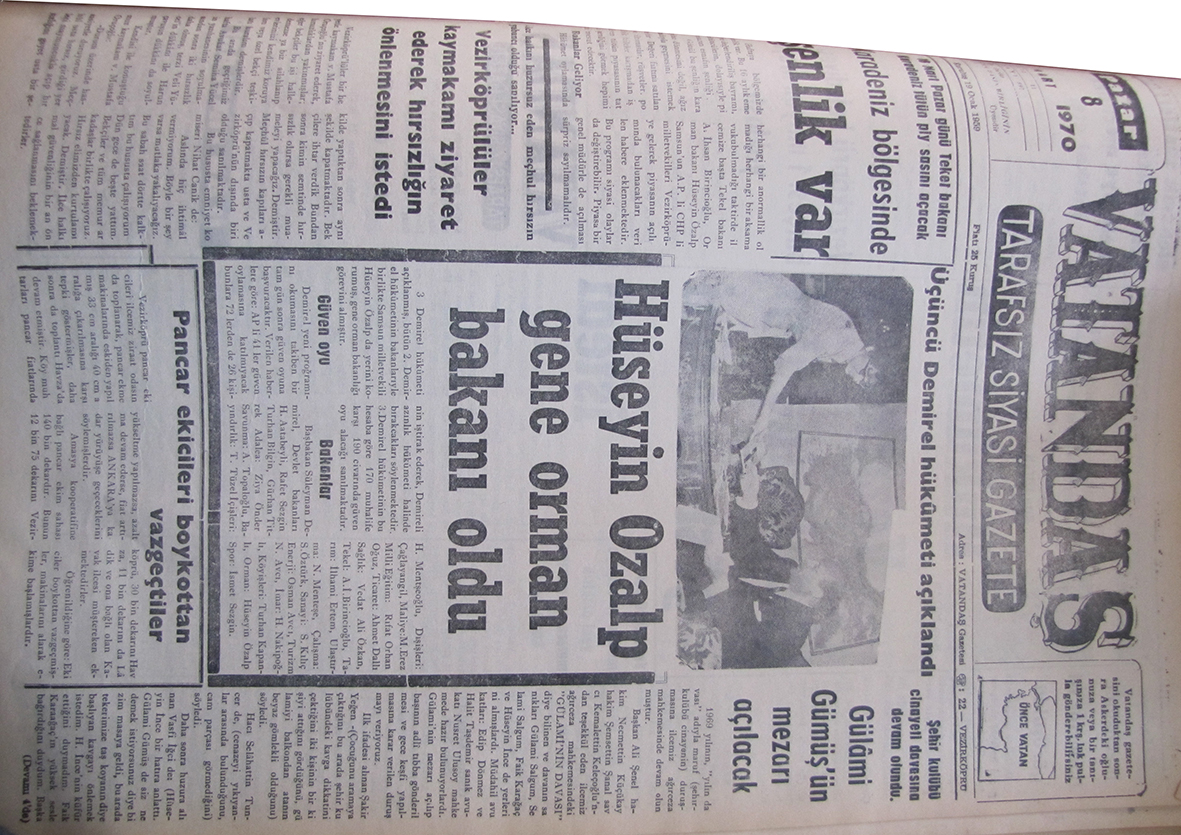 Üçüncü Demirel  hükümeti açıklandı Hüseyin Özalp Gene Orman Bakanı Oldu 8 Mart 1970 Pazar