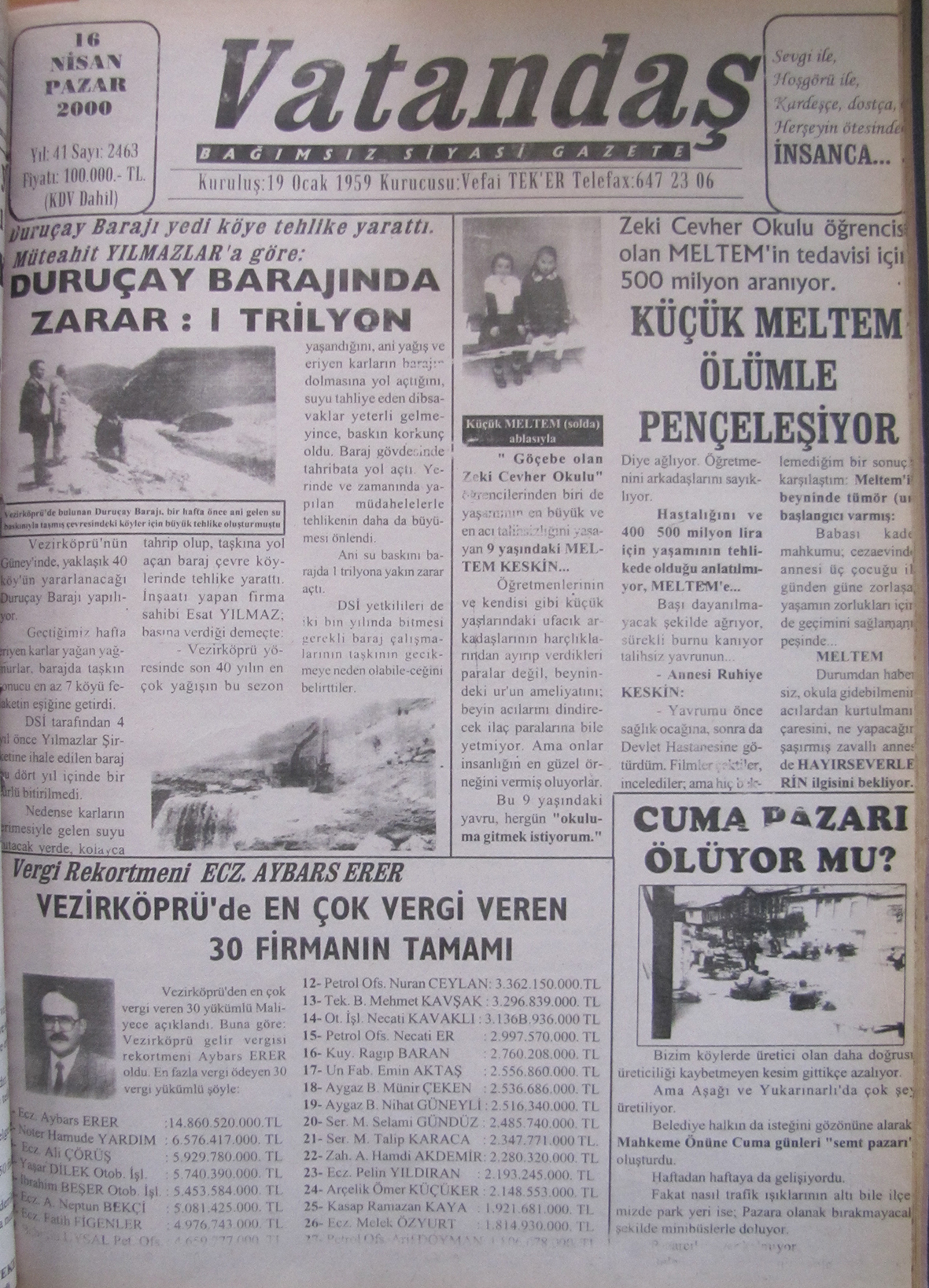 Duruçay Barajı yedi köye tehlike yarattı. Müteahhit Yılmazlar’a göre: Duruçay Barajında Zarar: 1 Trilyon 16 Nisan 2000  Pazar