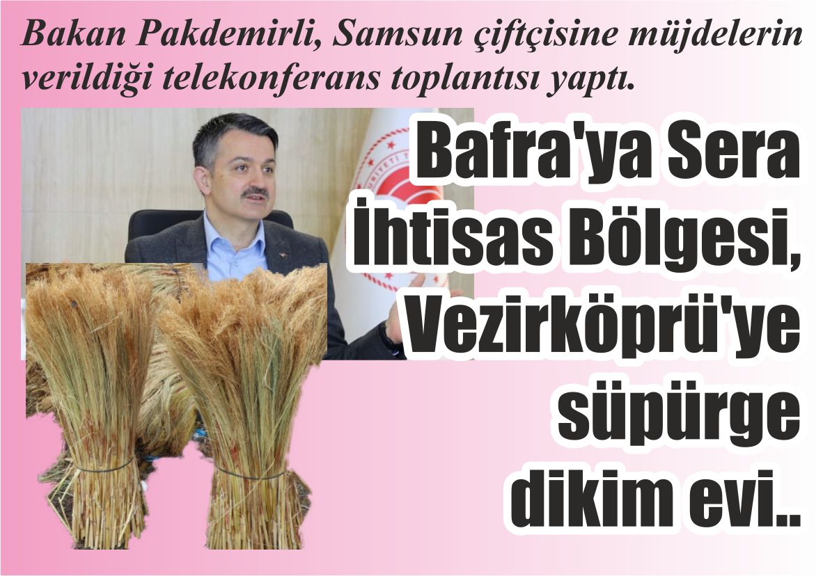 Bakan Pakdemirli, Samsun çiftçisine müjdelerin verildiği telekonferans toplantısı yaptı. Bafra’ya Sera İhtisas Bölgesi, Vezirköprü’ye süpürge dikim evi..