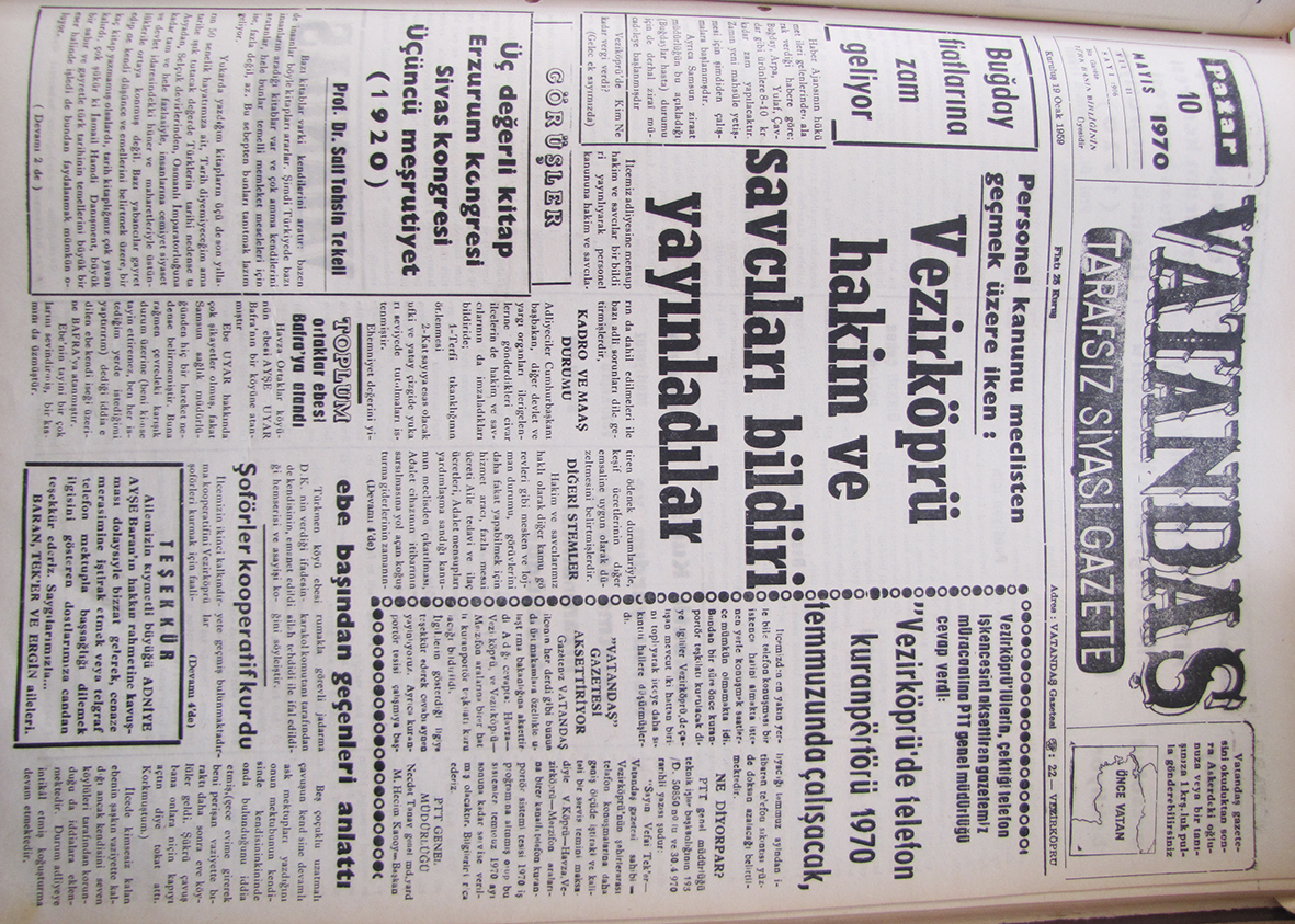 Personel kanunu meclisten geçmek üzere iken: Vezirköprü Hakim ve Savcıları Bildiri Yayınladılar 10 Mayıs 1970 Pazar