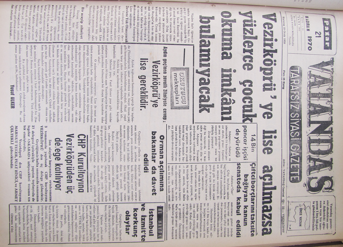 Vezirköprü’ye Lise Açılmazsa Yüzlerce Çocuk Okuma İmkânı Bulamayacak 21 Haziran 1970 Pazar