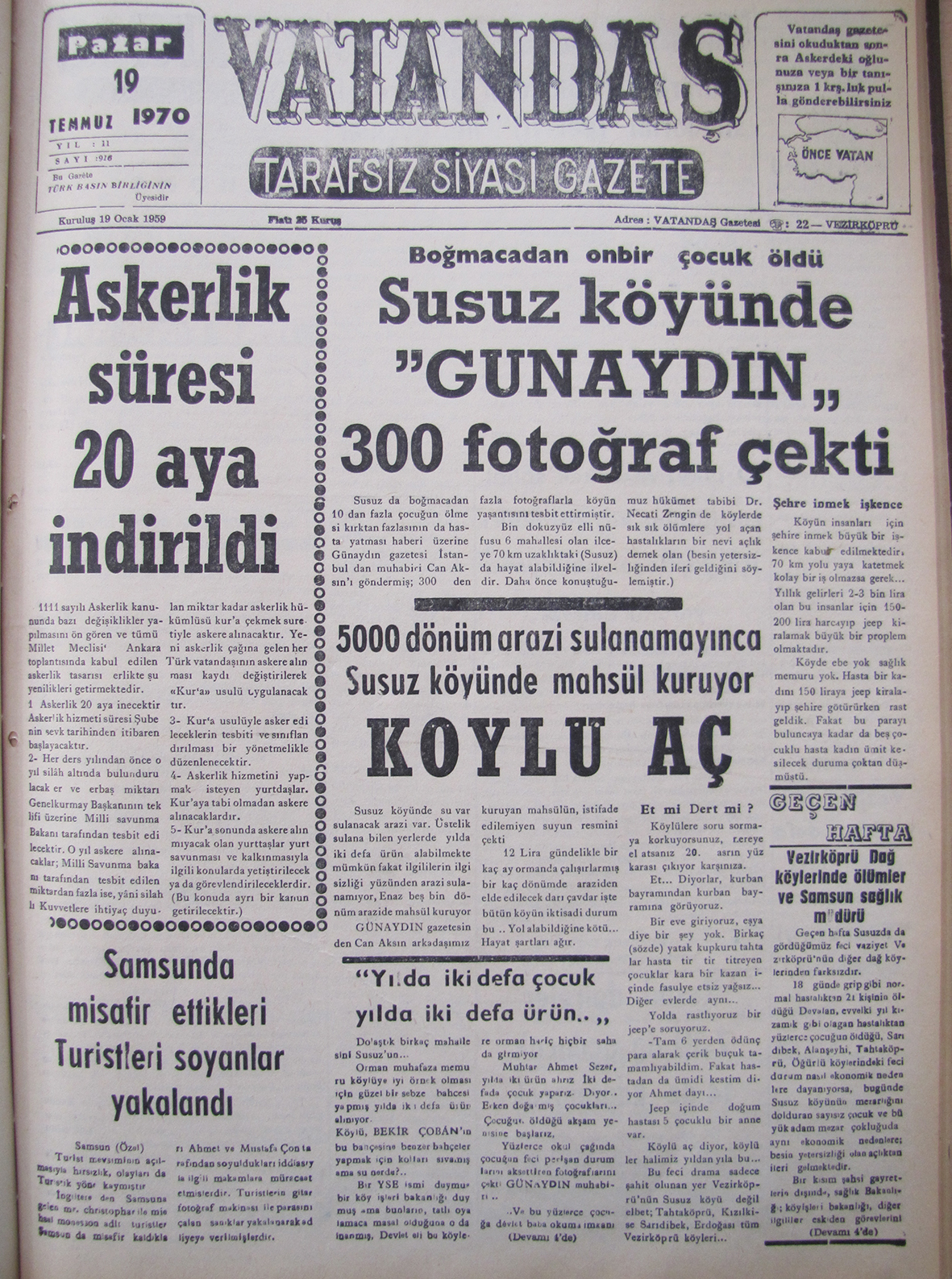 Boğmacadan onbir çocuk öldü Susuz Köyünde “Günaydın” 300 Fotoğraf Çekti 19 Temmuz 1970 Pazar