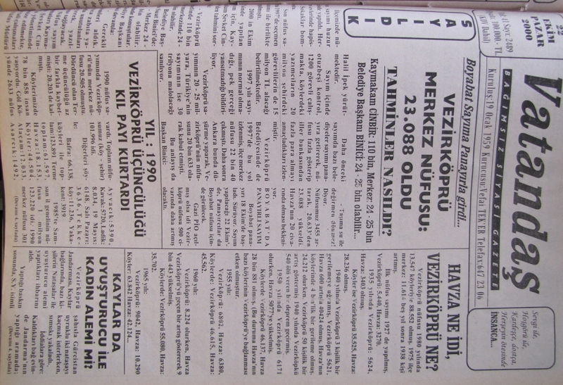 Sayıldık. Boyabat sayıma panayırla girdi… Vezirköprü Merkez Nüfusu: 23.088 Oldu 22 Ekim 2000 Pazar