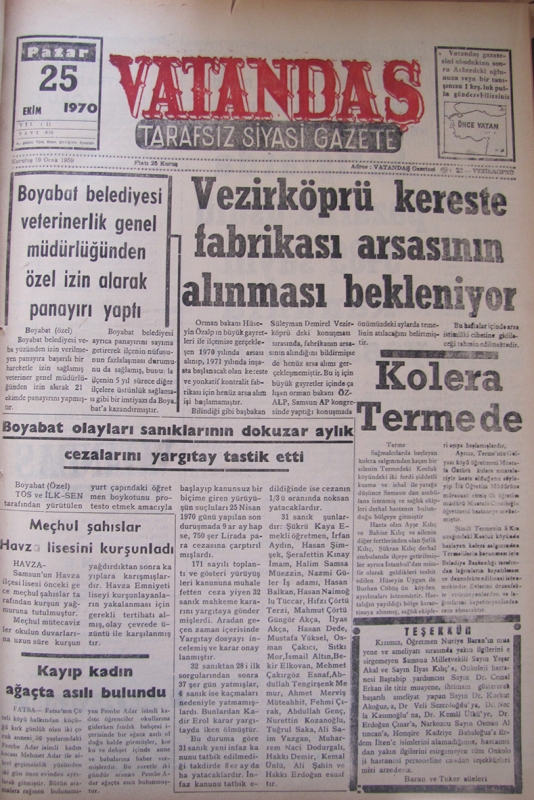 Vezirköprü Kereste Fabrikası Arsasının Alınması Bekleniyor 25 Ekim 1970 Pazar