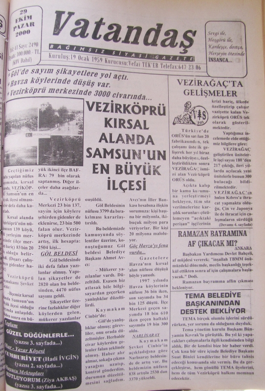 Göl’de sayım şikâyetlere yol açtı, Havza köylerinde düşüş var, Vezirköprü merkezinde 3000 civarında… Vezirköprü Kırsal Alanda Samsun’un En Büyük İlçesi 29 Ekim 2000  Pazar