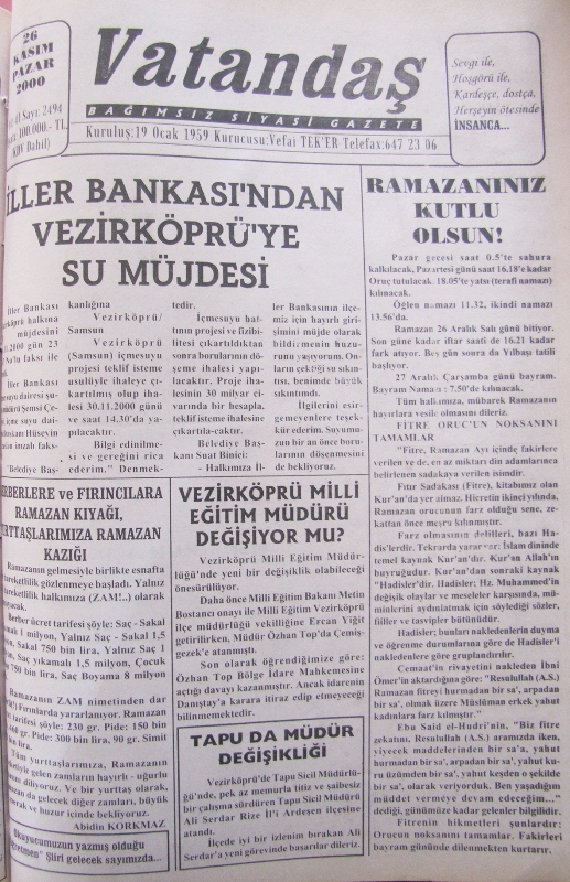 İller Bankası’ndan Vezirköprü’ye Su Müjdesi 19 Kasım 2000 Pazar