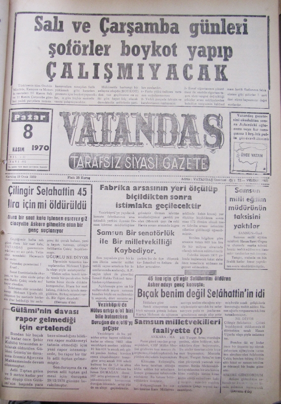 Salı ve Çarşamba Günleri Şoförler Boykot Yapıp  Çalışmayacak 8 Kasım 1970 Pazar