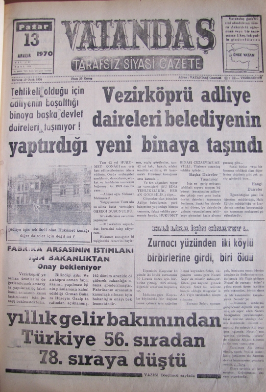 Tehlikeli olduğu için adliyenin boşalttığı binaya başka devlet daireleri taşınıyor. Vezirköprü Adliye Daireleri Belediyenin Yaptırdığı  Yeni Binaya Taşındı 13 Aralık 1970 Pazar