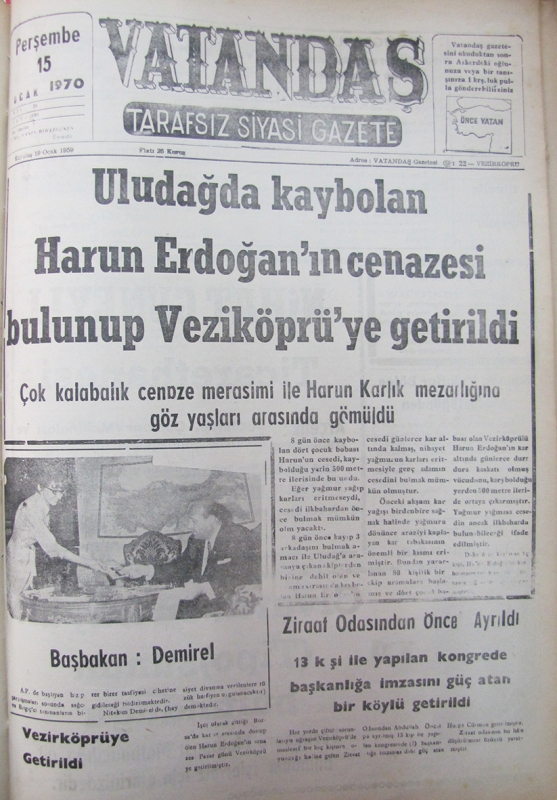 Uludağ’da kaybolan Harun Erdoğan’ın Cenazesi Bulunup  Vezirköprü’ye Getirildi 15 Ocak 1970 Perşembe