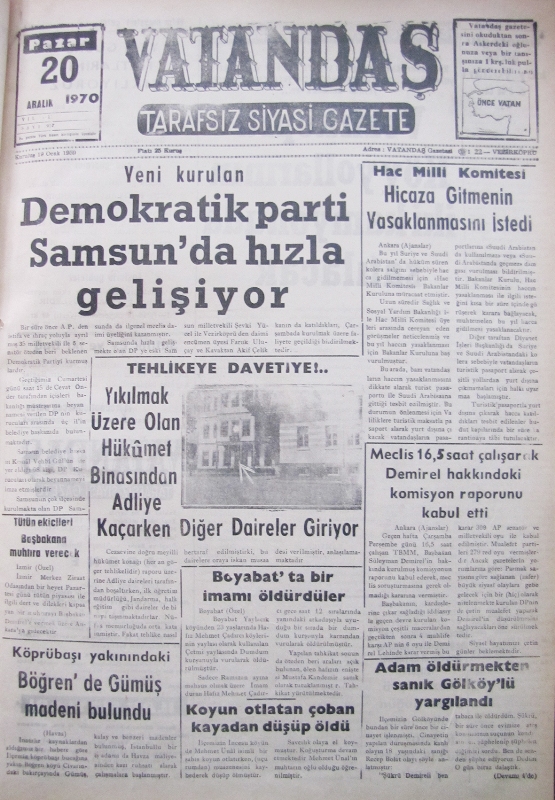 Yeni kurulan Demokratik Parti Samsun’da Hızla Gelişiyor 20 Aralık 1970 Pazar