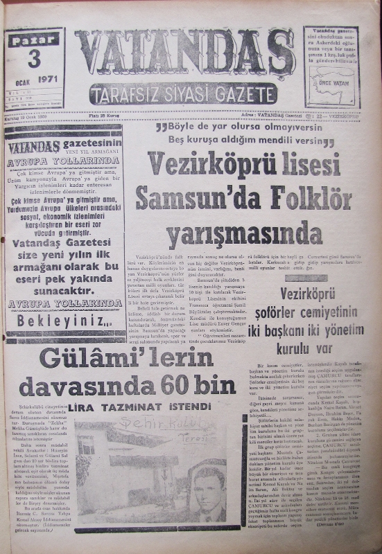 “Böyle de yar olursa olmayıversin. Beş kuruşa aldığım mendili versin” Vezirköprü Lisesi Samsun’da  Folklör Yarışmasında 3 Ocak 1971 Pazar