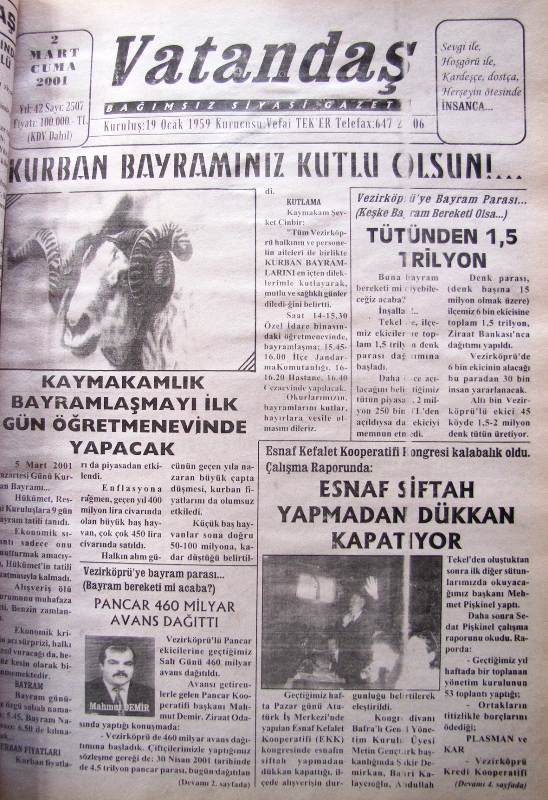 Kurban Bayramınız Kutlu Olsun Kaymakamlık Bayramlaşmayı İlk Gün  Öğretmenevinde Yapacak 2 Mart 2001 Cuma