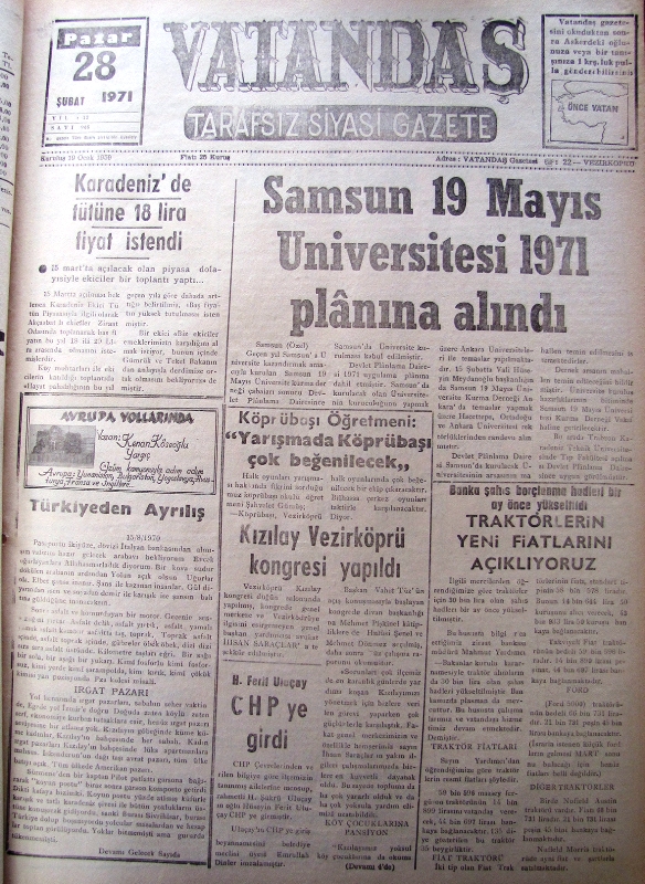 Samsun 19 Mayıs Üniversitesi 1971 Planına Alındı 28 Şubat 1971 Pazar