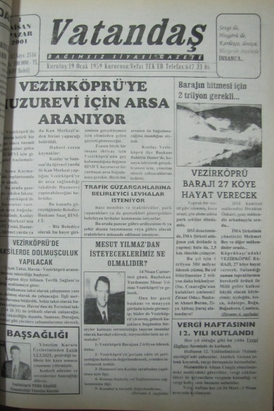 Vezirköprü’ye Huzurevi İçin Arsa Aranıyor 1 Nisan 2001  Pazar