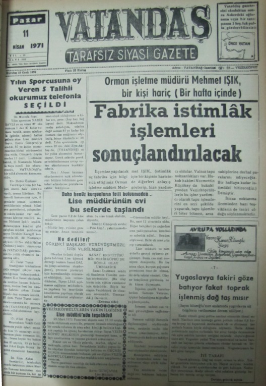 Orman İşletme müdürü Mehmet Işık, bir kişi hariç (Bir hafta içinde) Fabrika İstimlâk İşlemleri Sonuçlandırılacak 11 Nisan 1971 Pazar