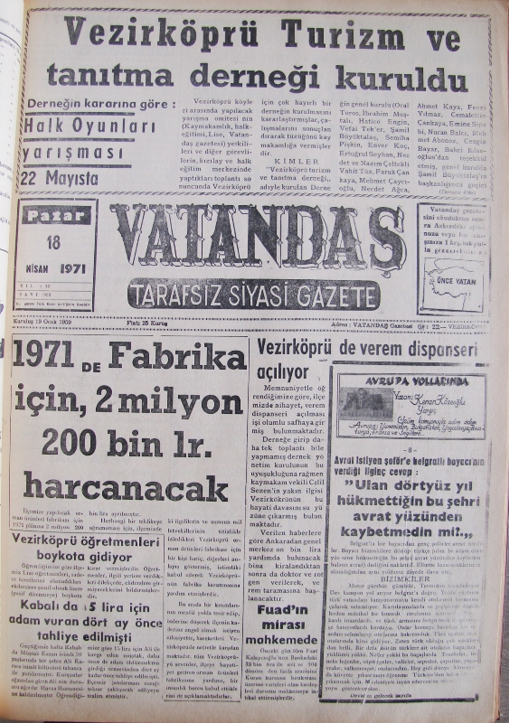 1971’de Fabrika İçin, 2 Milyon 200 Bin Lira Harcanacak 18 Nisan 1971 Pazar