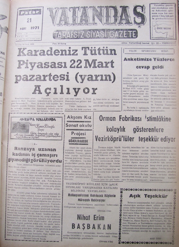 Karadeniz Tütün Piyasası 22 Mart Pazartesi (Yarın) Açılıyor 21 Mart 1971 Pazar