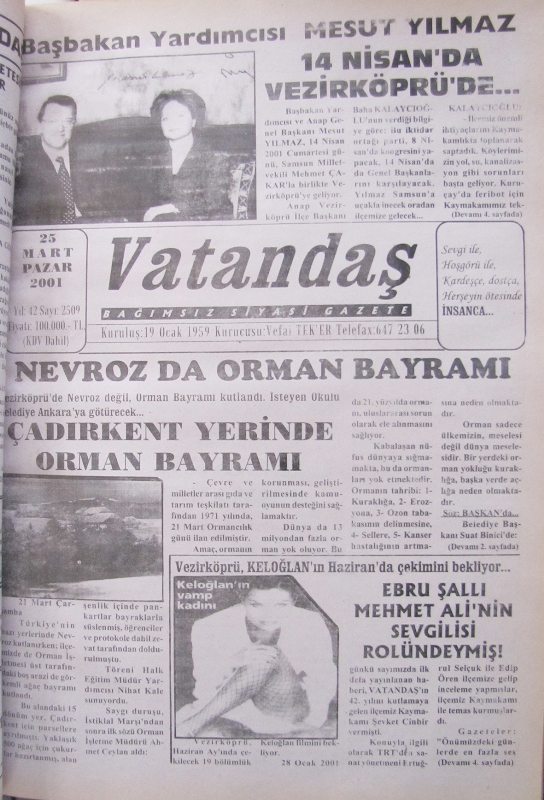 Başbakan Yardımcısı Mesut Yılmaz 14 Nisan’da Vezirköprü’de 25 Mart 2001  Pazar