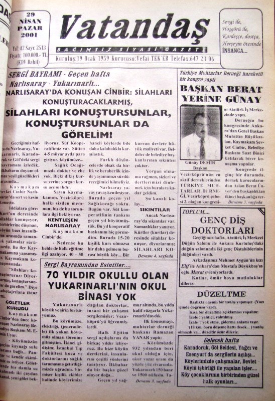 Sergi bayramı – geçen hafta Narlısaray – Yukarınarlı… Narlısaray’da konuşan Cinbir: Silahları Konuşturacaklarmış,  Silahları Konuştursunlar, Konuştursunlar da Görelim! 29 Nisan 2001 Pazar