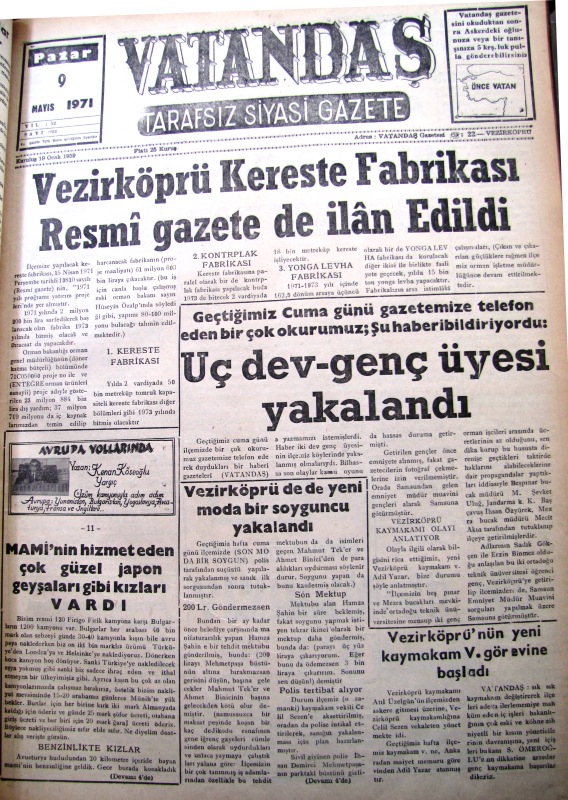 Vezirköprü Kereste Fabrikası Resmî Gazetede de İlan Edildi 9 Mayıs 1971 Pazar