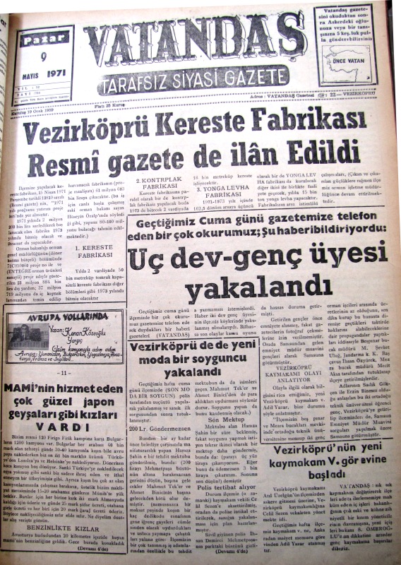Vezirköprü Kereste Fabrikası Resmî Gazetede de İlan Edildi 9 Mayıs 1971 Pazar