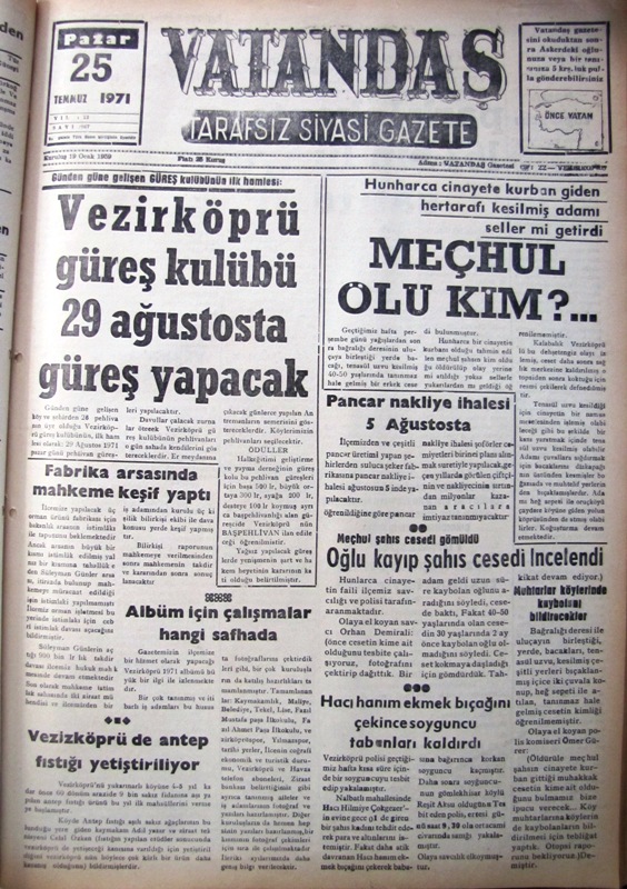 Günden güne gelişen Güreş kulübünün ilk hamlesi: Vezirköprü Güreş Kulübü 29 Ağustos’ta Güreş Yapacak 25 Temmuz 1971 Pazar