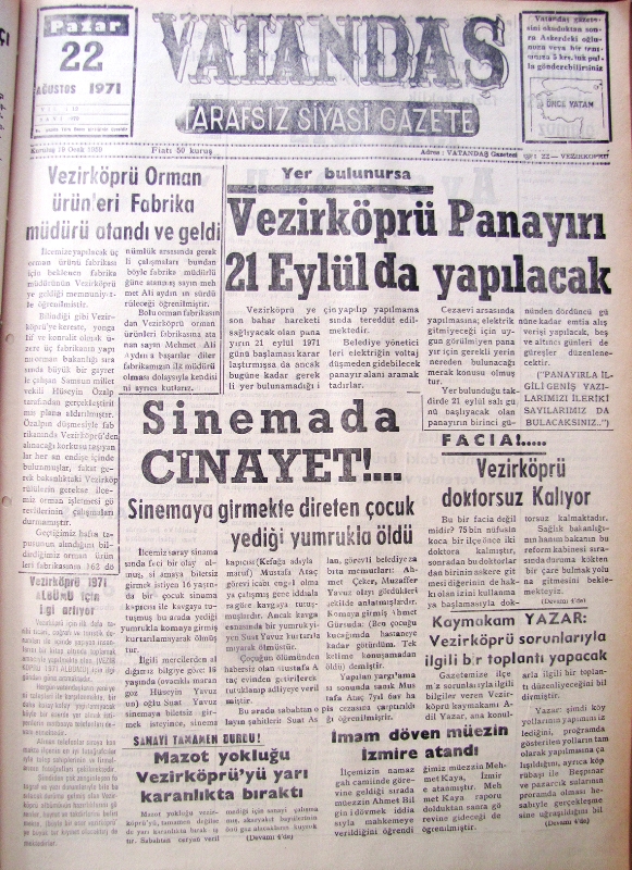 Yer bulunursa Vezirköprü Panayırı 21 Eylül’de Yapılacak 22 Ağustos 1971 Pazar