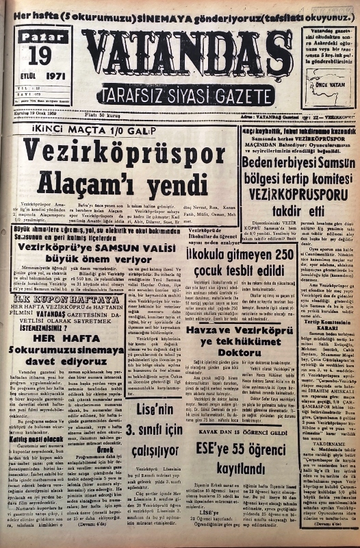 İkinci maçta 1/0 galip Vezirköprüspor Alaçam’ı Yendi 19 Eylül 1971 Pazar