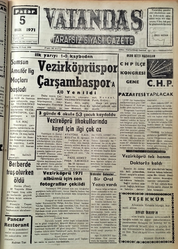 Samsun Amatör lig maçları başladı İlk Yarıyı 1-0 Kaybeden Vezirköprüspor  Çarşambaspor’a 5-0 Yenildi 5 Eylül 1971 Pazar