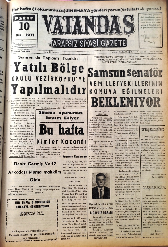 Samsun’da toplantı yapıldı: Yatılı Bölge OKULU VEZİRKÖPRÜ’YE Yapılmalıdır 10 Ekim 1971 Pazar