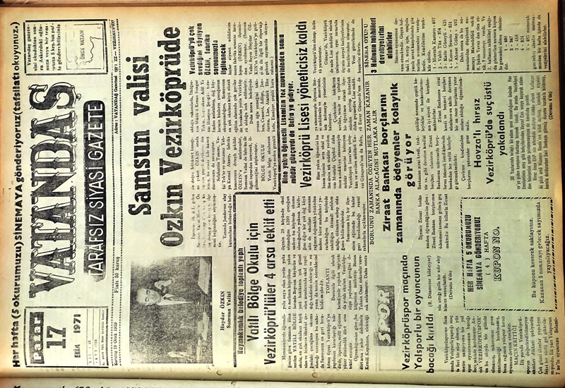 Samsun Valisi Özkın Vezirköprü’de 17 Ekim 1971 Pazar