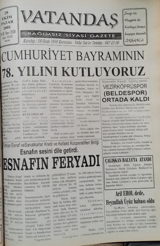 Cumhuriyet Bayramının 78.Yılını Kutluyoruz 28 Ekim 2001 Pazar