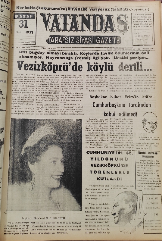 Ofis buğday almayı bıraktı. Köylerde tavuk ölümlerinin  önü alınamıyor. Hayvancılığa (resmi) ilgi yok. Üretici perişan… Vezirköprü’de köylü dertli… 31 Ekim 1971 Pazar