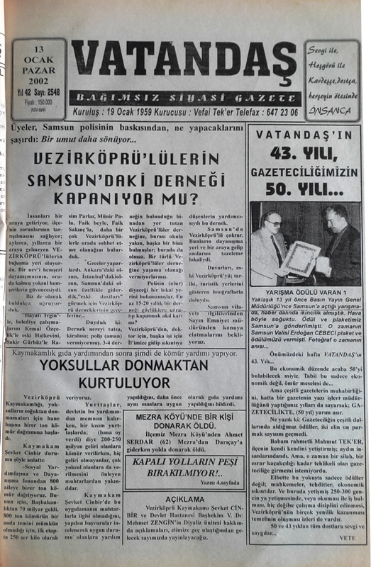 Üyeler Samsun polisinin baskısından, ne yapacaklarını şaşırdı: Bir umut daha sönüyor… Vezirköprülülerin Samsun’daki Derneği Kapanıyor mu? 13 Ocak 2002  Pazar