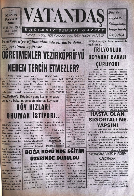 Vezirköprü’ye eğitim alanında bir darbe daha… 273 öğretmen açığı var. Öğretmenler Vezirköprü’yü Neden Tercih Etmezler? 12 Mayıs 2002 Pazar